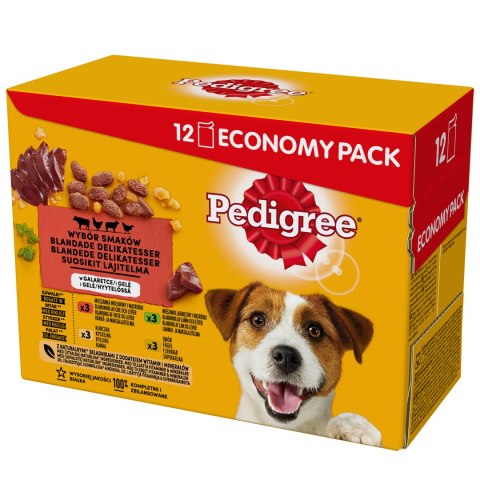 Pedigree Mokra Karma Dla Dorosłych Psów W Galaretce Z Wołowiną, Z Kurczakiem, Z Jagnięciną, Z Drobiem 12x100g Pedigree