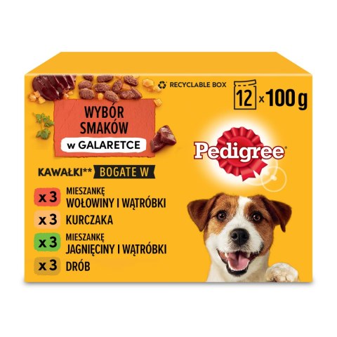 Pedigree Mokra Karma Dla Dorosłych Psów W Galaretce Z Wołowiną, Z Kurczakiem, Z Jagnięciną, Z Drobiem 12x100g Pedigree