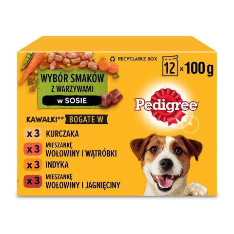 Pedigree Mokra Karma Dla Dorosłych Psów W Sosie Z Kurczakiem, Z Wołowiną, Z Indykiem, Z Jagnięciną 12x100g Pedigree