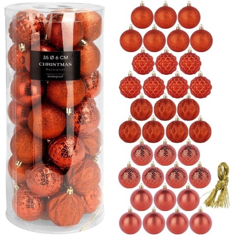 Zestaw 35 Czerwonych Bombek 6 cm Nietłukące 5 Wzorów Brokat Mat ORION