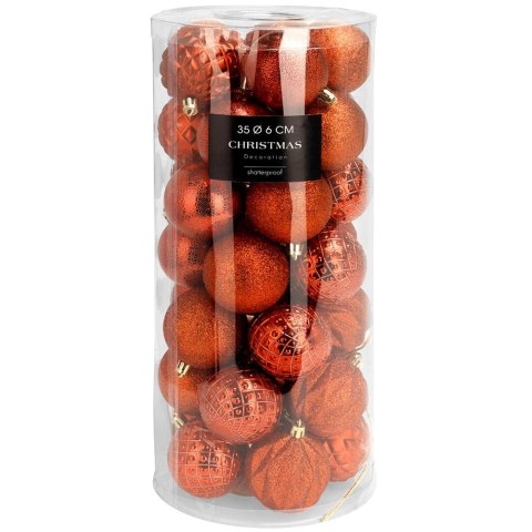 Zestaw 35 Czerwonych Bombek 6 cm Nietłukące 5 Wzorów Brokat Mat ORION