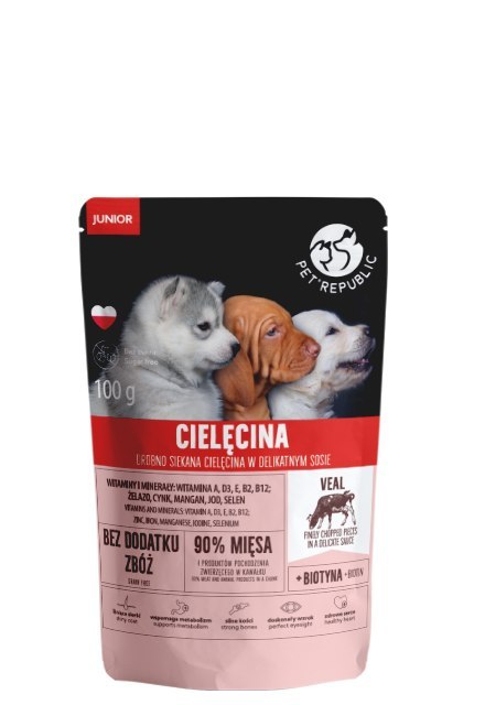 PetRepublic JUNIOR drobno siekane kawałki w delikatnym sosie - cielęcina 100g dla psa Pet Republic