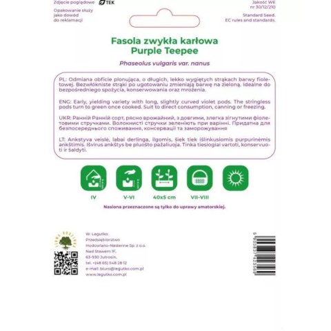 Fasola zwykła szparagowa karłowa fioletowostrąkowa Purple Teepee W.Legutko