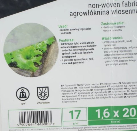 Agrowłóknina wiosenna 17g biała, 1,6 x 20m Bradas